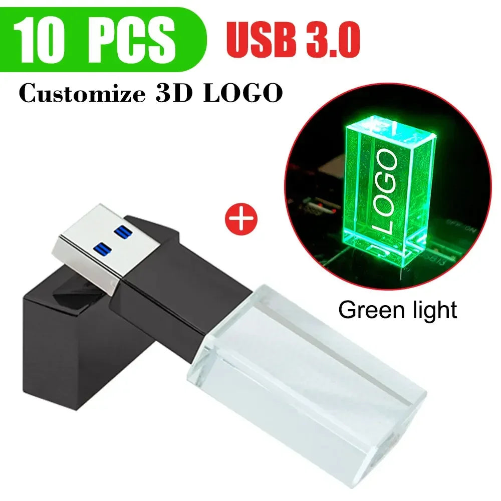 10-Pack Crystal 3D USB 3.0 Flash Drives | Free Engraved Logo USB Flash Drive PRIMED 8GBx10pcs black - green led
