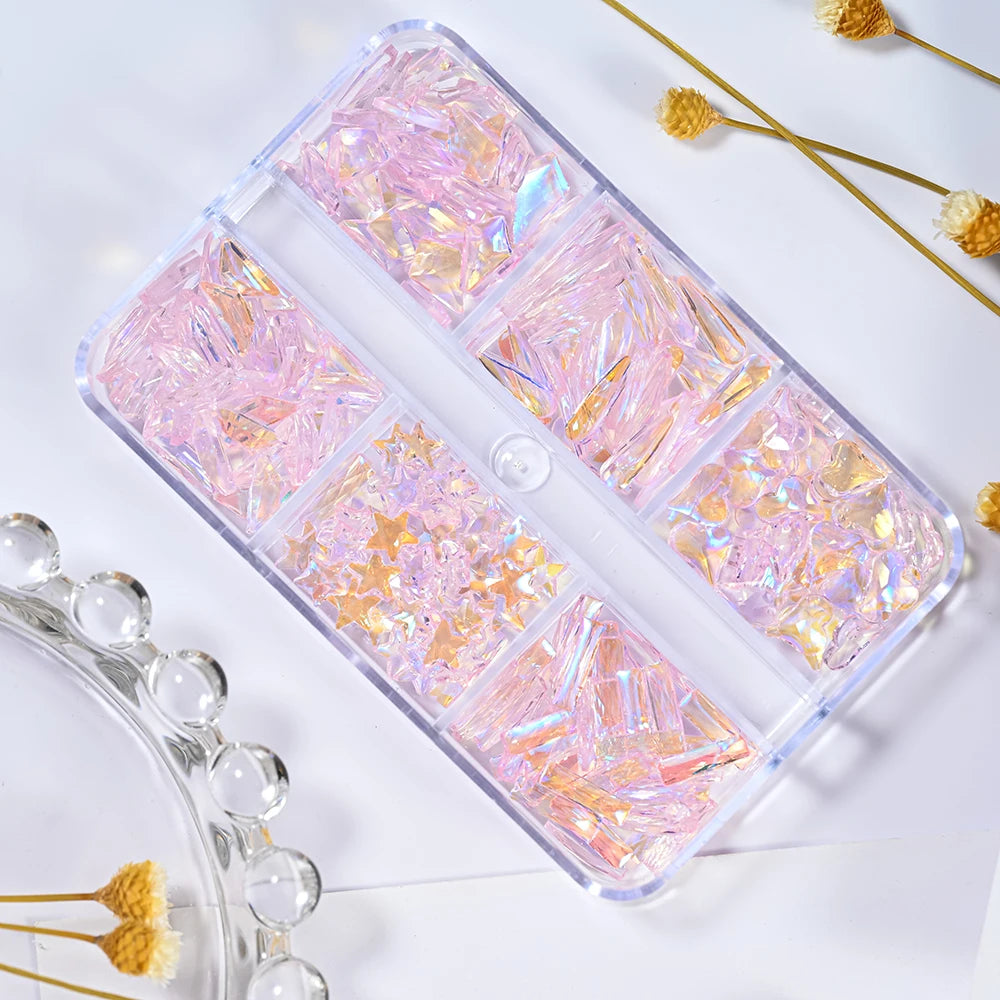 600Pcs Aurora Pink Nail Rhinestones – Heart Star Crystal Mix
