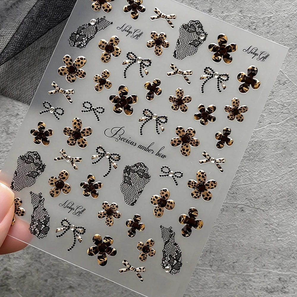 Retro Lace Nail Art Stickers – Leopard Floral Bow Decals