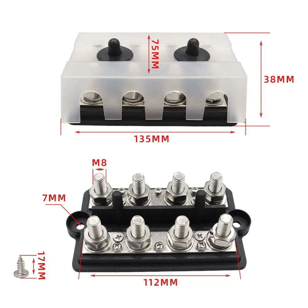 M8/M10 4-Way Double Row Bus Bar Terminal Block | RV Marine Bus Bar Terminal Block PRIMED