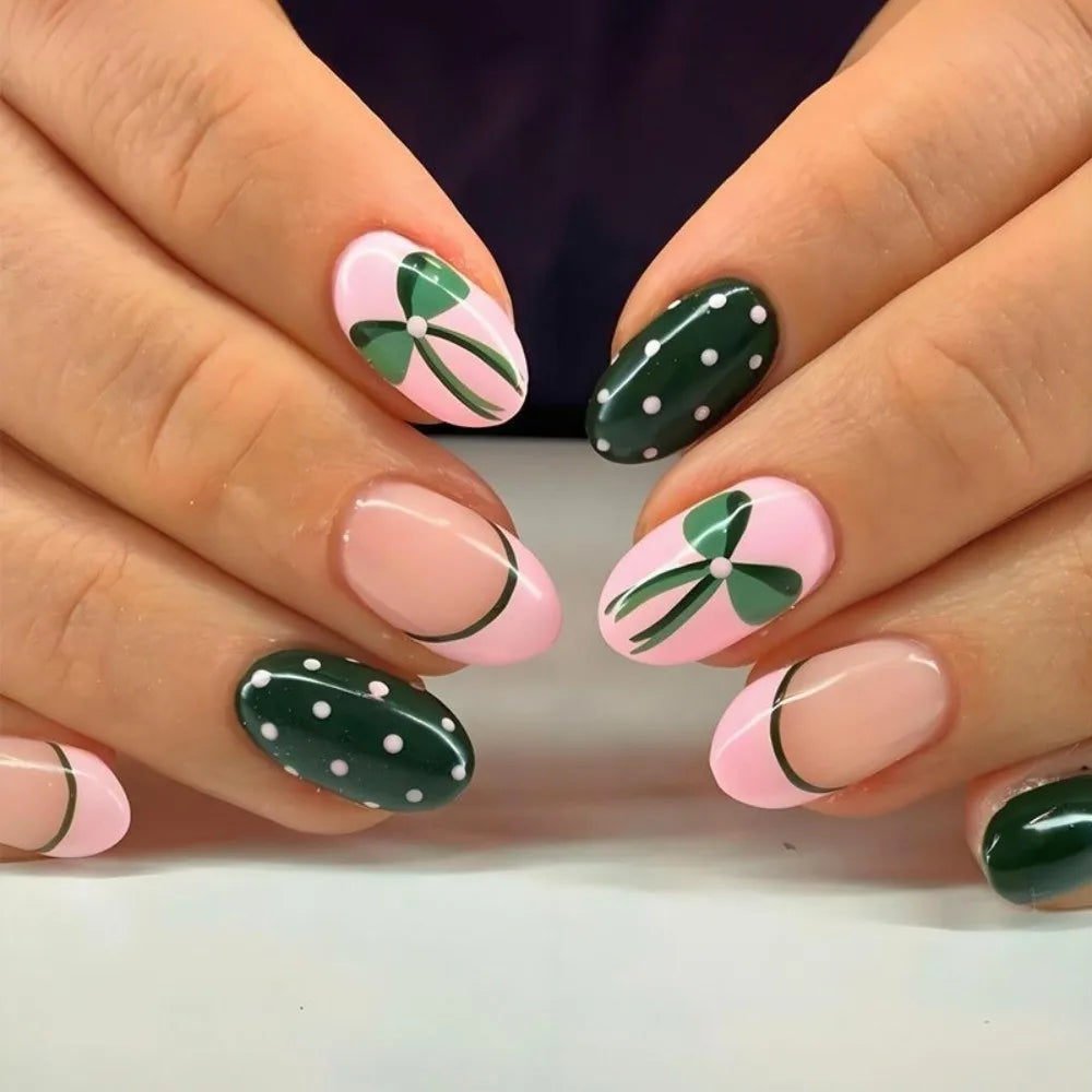 Green Almond Press On Nails French Polka Dot Style 30 Pcs