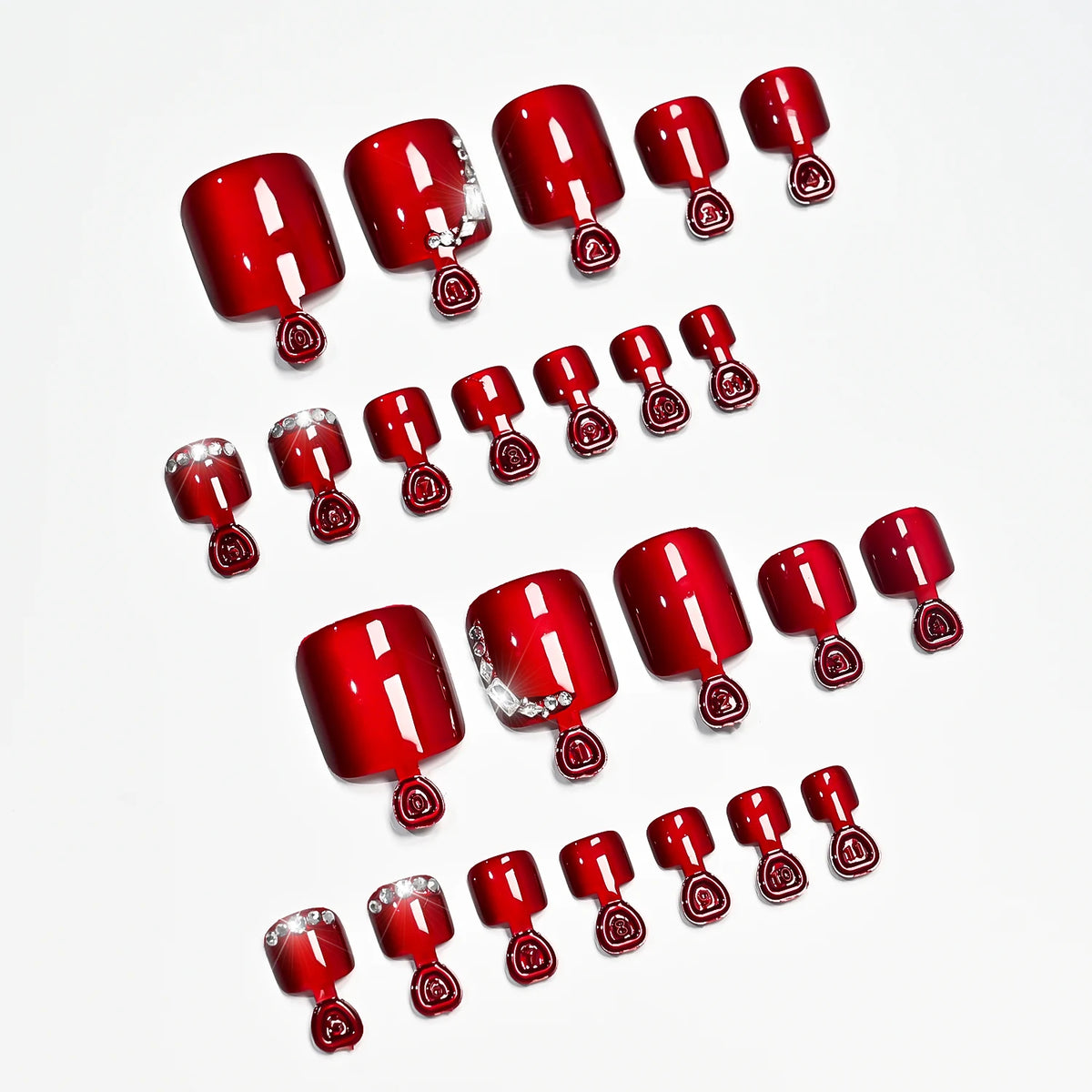 24Pcs Dark Red Cat's Eye Press-On Toenails | Glitter Tips
