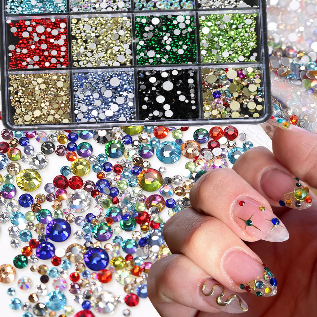 Mixed-Size Iridescent Nail Rhinestones 12-Grid DIY Crystal Set Nail Art Rhinestones PRIMED