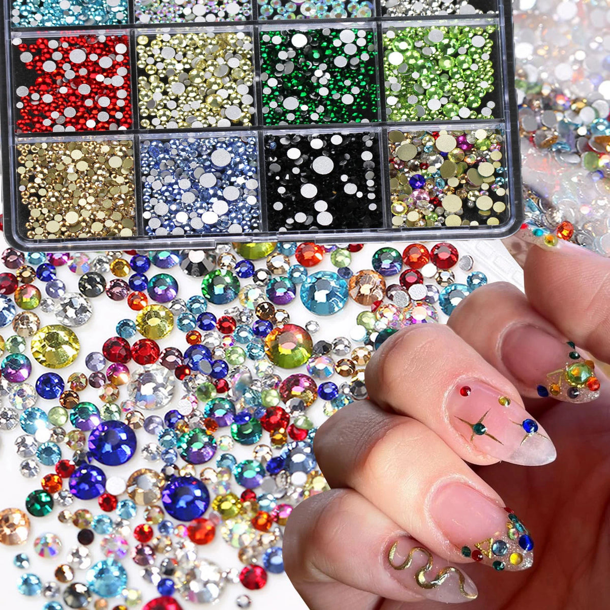 Mixed-Size Iridescent Nail Rhinestones 12-Grid DIY Crystal Set