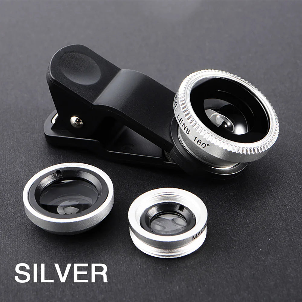 3-in-1 Clip-On Smartphone Lens – Fisheye, Wide Angle & Macro Smartphone Camera Lens PRIMED Silver
