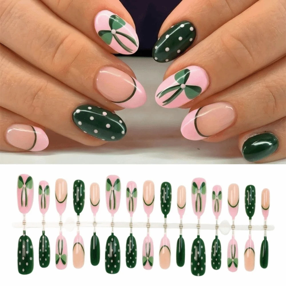 Green Almond Press On Nails French Polka Dot Style 30 Pcs