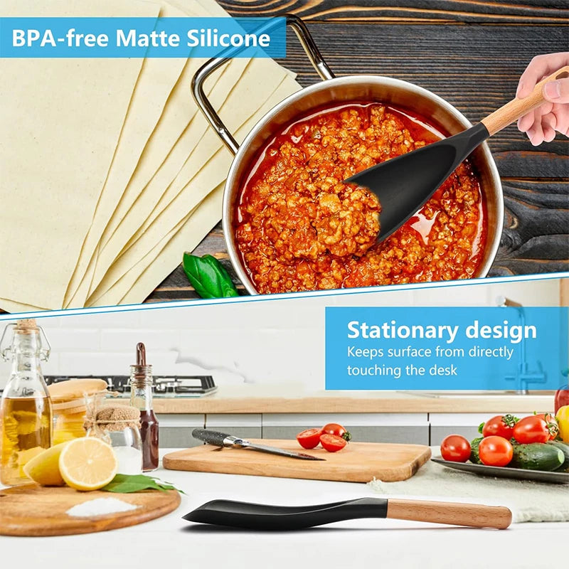 LMETJMA Silicone Cooking Spoon & Spatula – Nonstick Safe Silicone Kitchen Utensil PRIMED