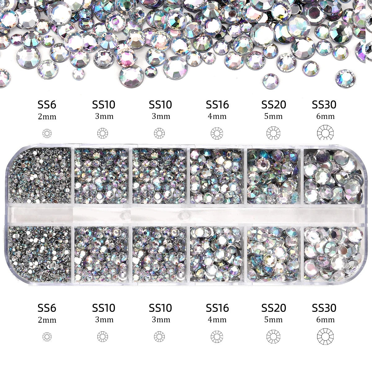 Mixed Size Flatback Glass Rhinestones 12-Grid Box SS6–SS30