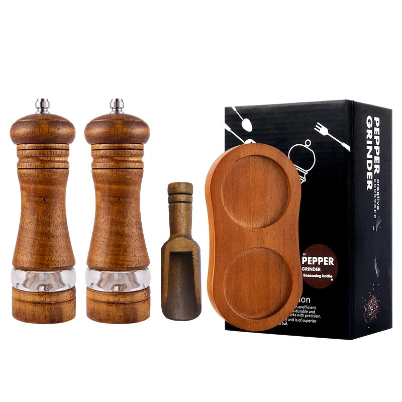 Oak Wood Salt & Pepper Mills Set with Tray | Ceramic Grinder Salt & Pepper Mills PRIMED