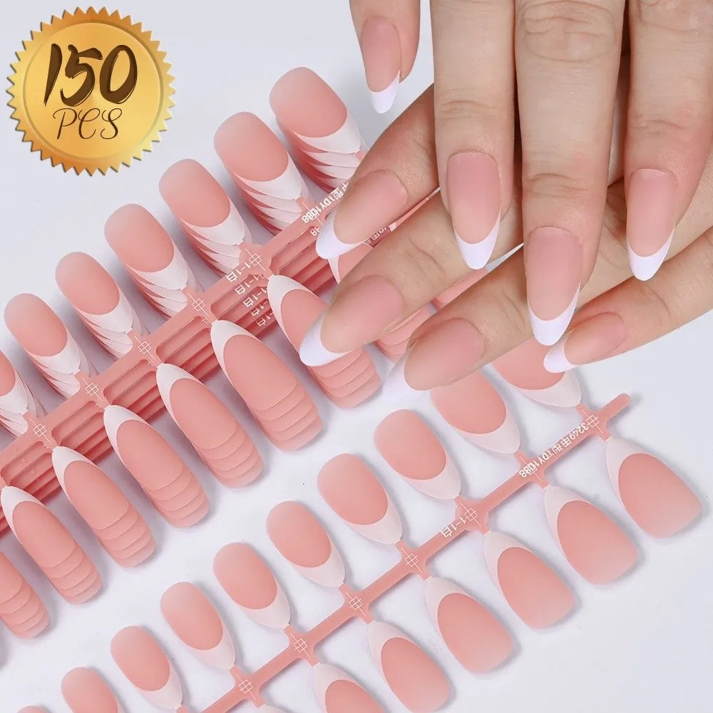 150Pcs Matte Almond Press On Nails – French Nail Tips Set