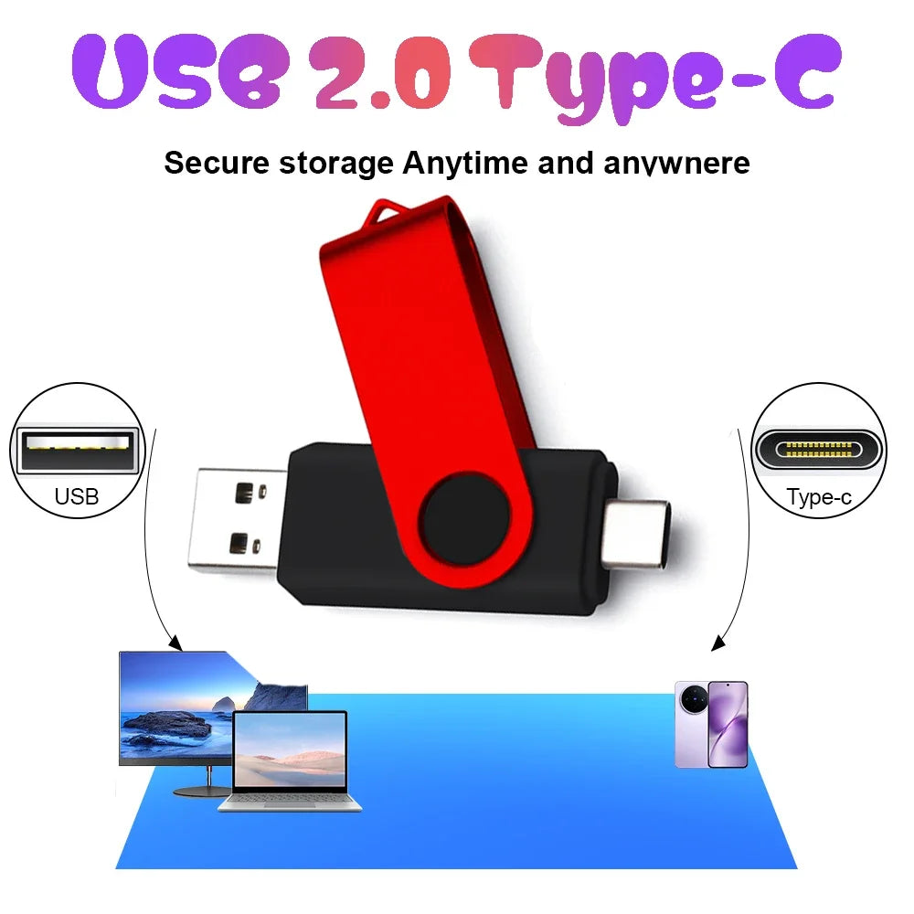 50PCS USB 2.0 Type-C OTG Flash Drive 360° Rotatable Pendrive USB Flash Drive PRIMED