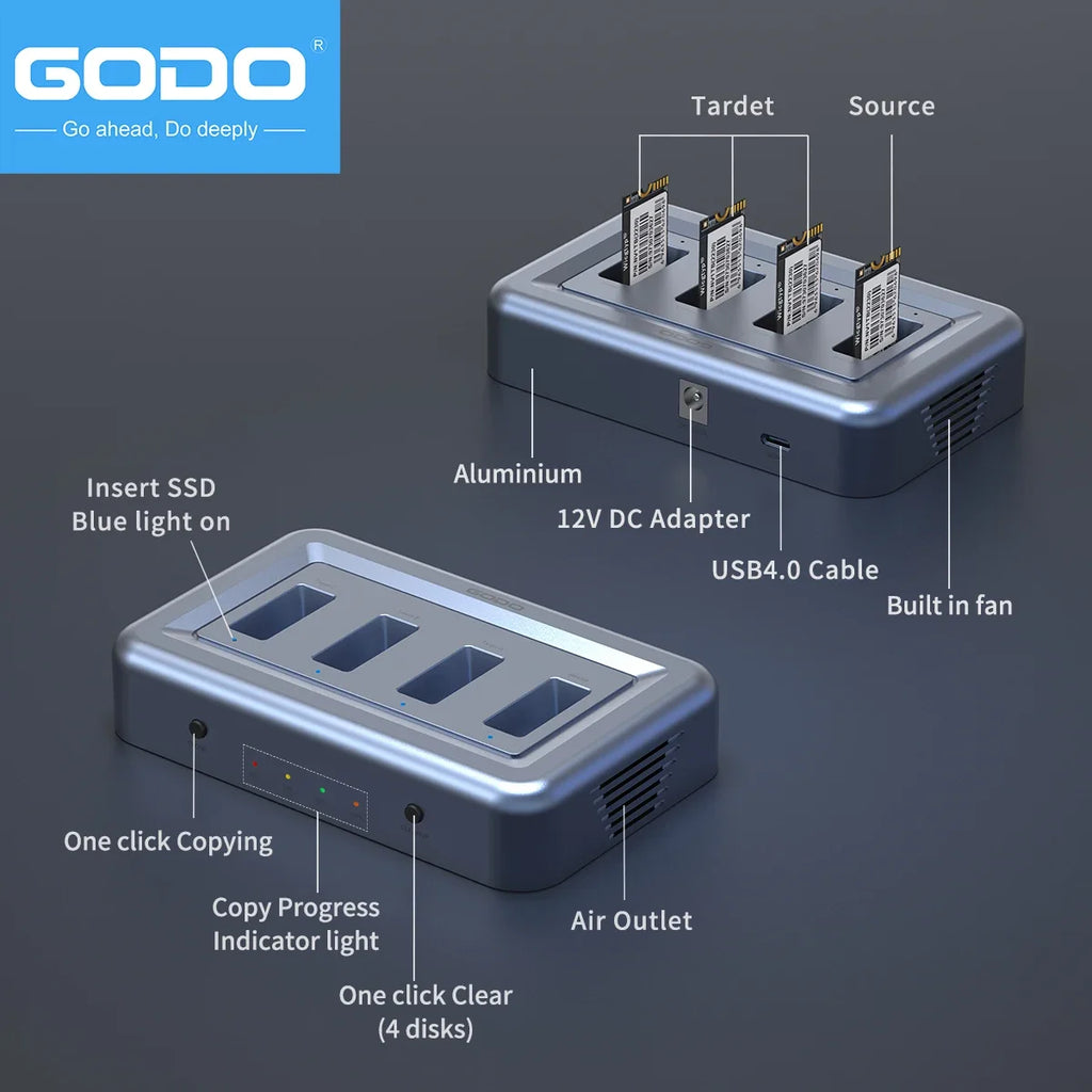 GODO 4-Bay M.2 NVMe SSD Enclosure with Offline Clone Type-C NVMe SSD Docking Station PRIMED