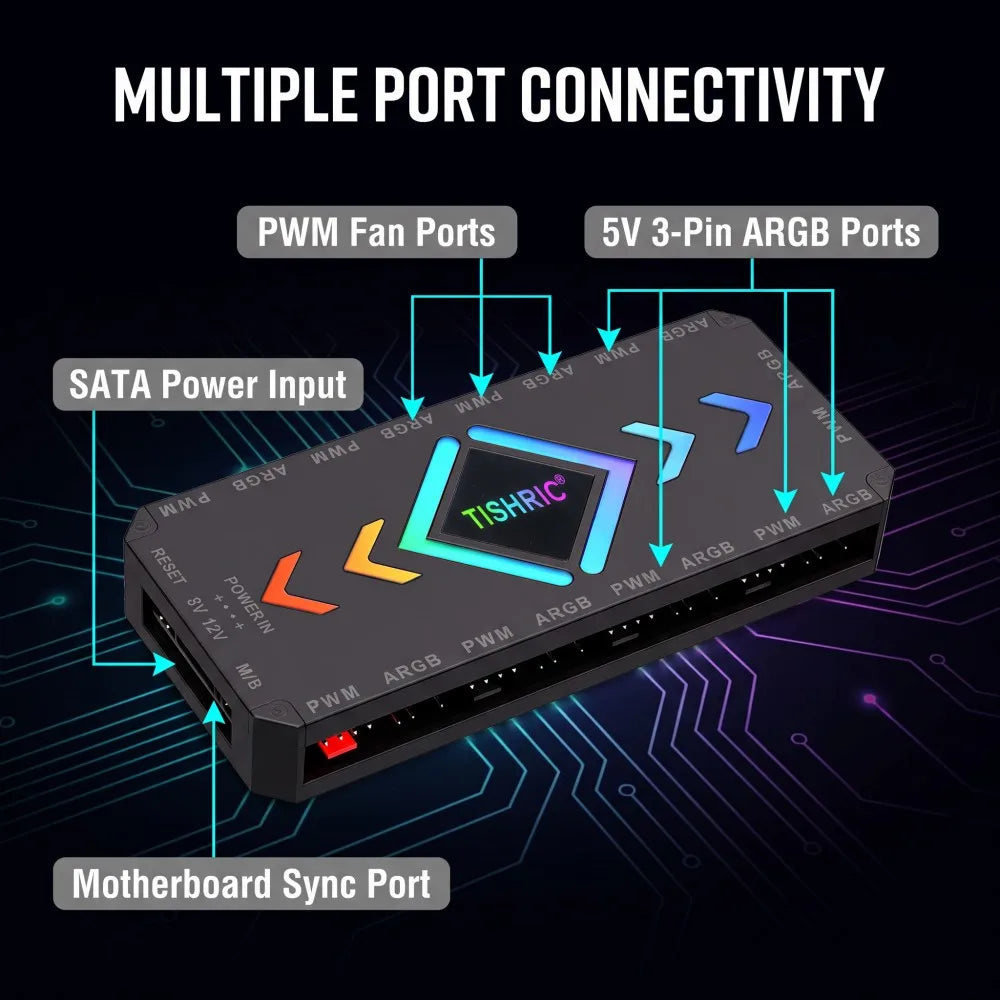 TISHRIC ARGB Fan Hub 1-to-10 PWM Controller | SATA 5V 3/4-Pin ARGB Fan Hub Controller PRIMED