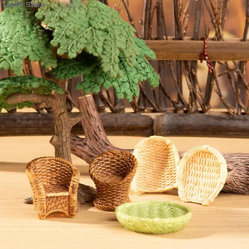 Miniature Bamboo Rattan Hand-Woven Basket & Chair Dollhouse Decor Dollhouse Miniature Decor PRIMED