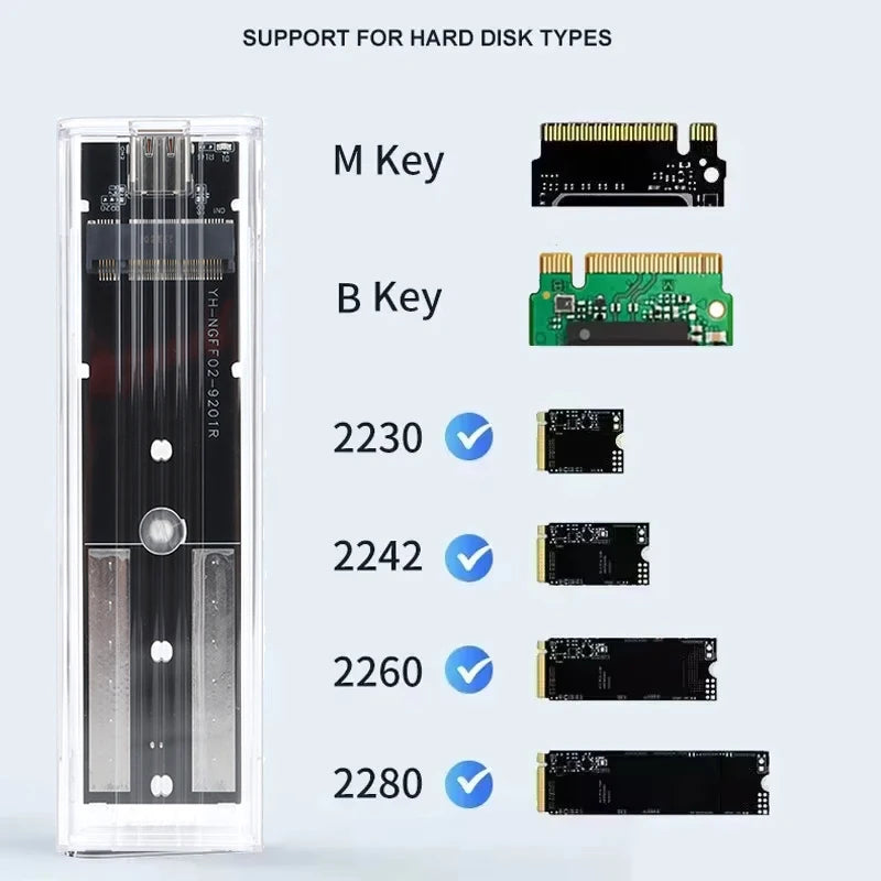 M.2 NVMe & NGFF SATA SSD Enclosure USB-C 10Gbps Transparent SSD Enclosure PRIMED