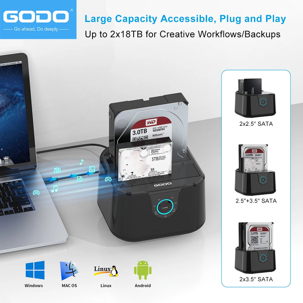 GODO Dual Bay USB 3.0 HDD SSD Docking Station Offline Clone HDD Docking Station PRIMED