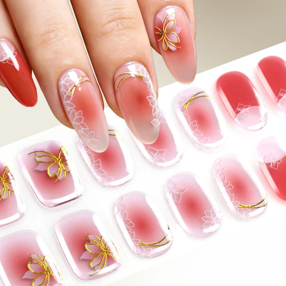 5D Semi-Cured Gel Nail Stickers – Golden Embossed Rabbit Pink Purple Gel Nail Stickers PRIMED 13