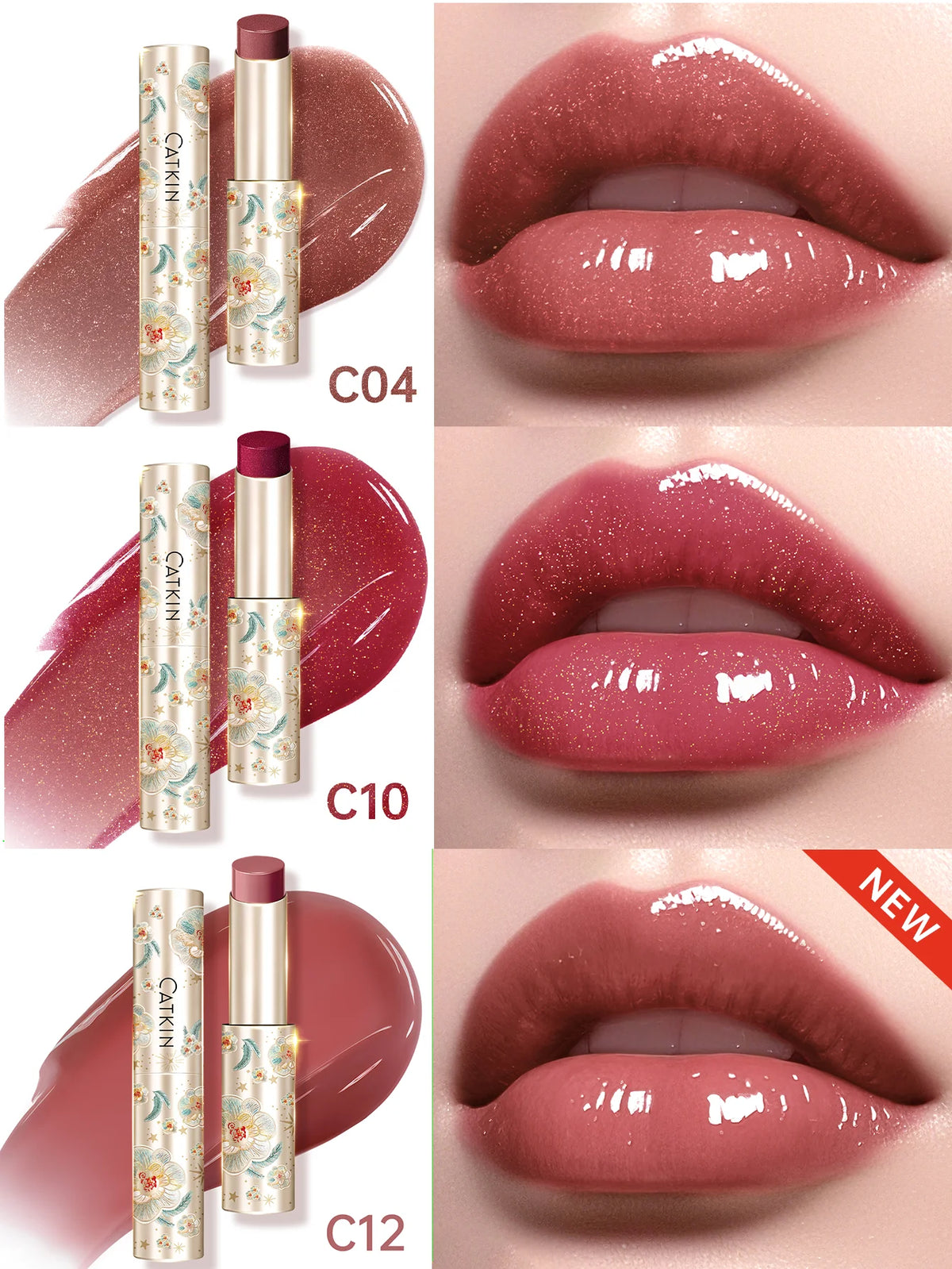 CATKIN 3PCS Glossy Lip Balm Set | Mirror Shine 12H Hydration Lip Balm Set PRIMED C04 C10 C12