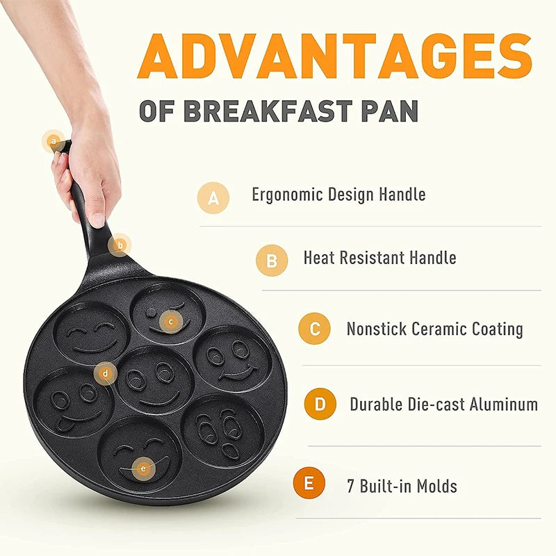 LMETJMA Smiley Face Pancake Pan – 7-Face Non-Stick Griddle Non-Stick Pancake Pan PRIMED