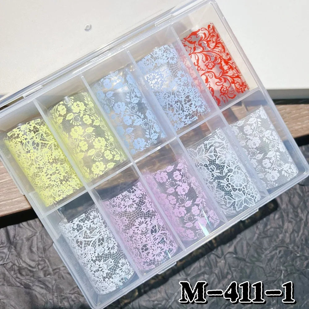 Lace Flower Nail Transfer Decals – Pink Blue White Foils