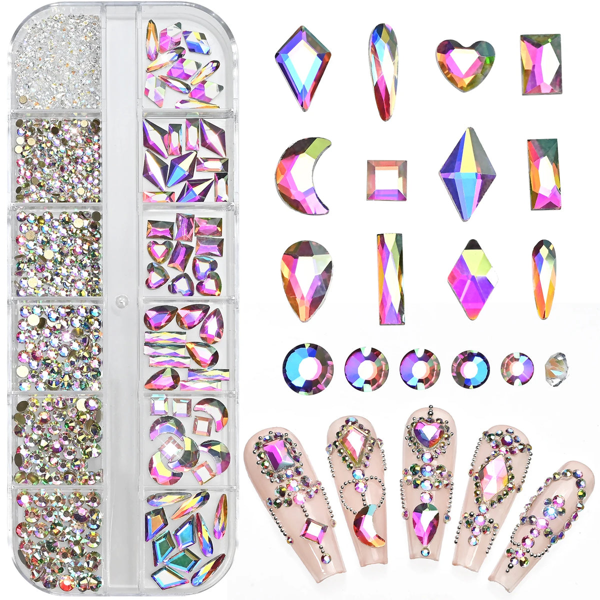 12-Grid Iridescent AB Nail Rhinestones – Mixed Glass Gems Box Nail Art Rhinestones PRIMED