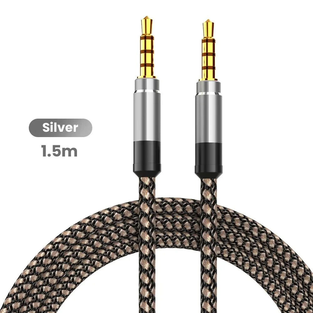 1.5m Braided 3.5mm Male to Male AUX Audio Cable – Universal AUX Audio Cable PRIMED Silver 1.5m