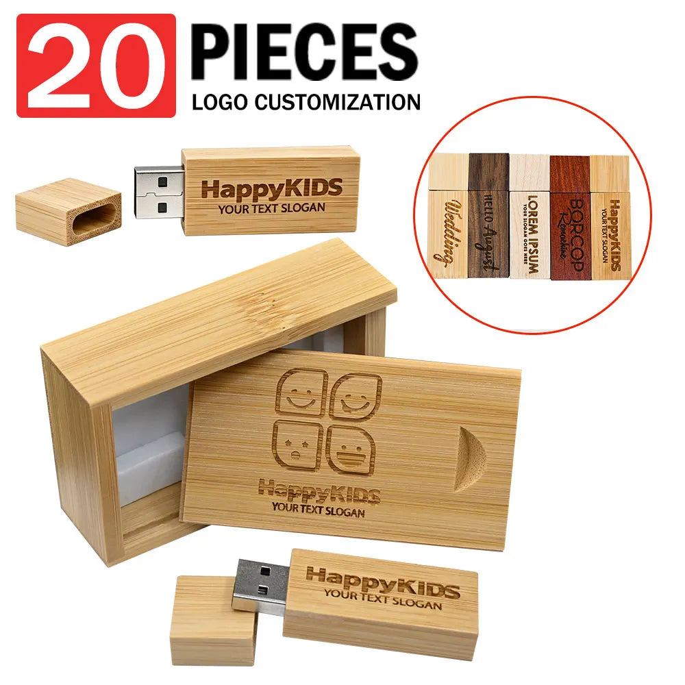 20-Pack Custom Logo Wooden USB 2.0 Flash Drives 128MB–128GB USB Flash Drive PRIMED