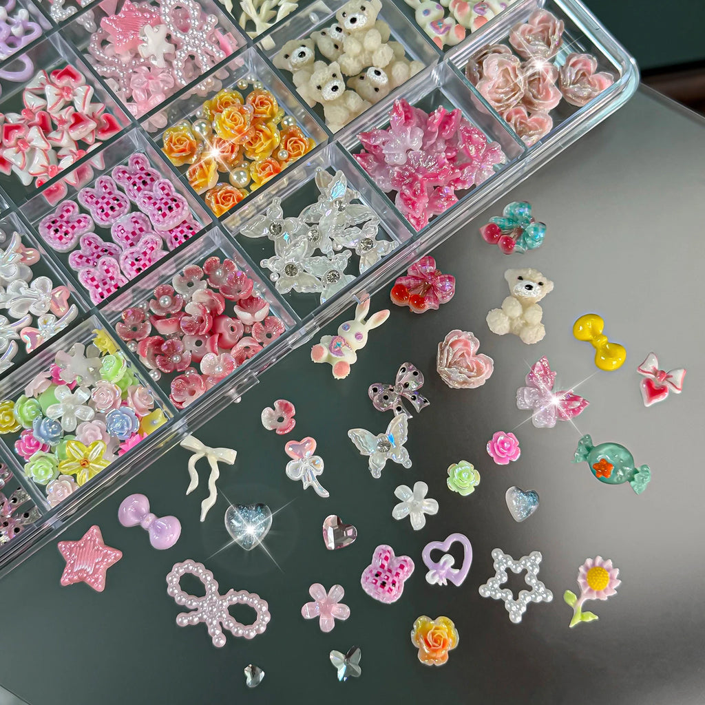 3D Nail Art Charms Box 24 Grids – Sunflowers, Bows & Hearts Nail Art Charms PRIMED