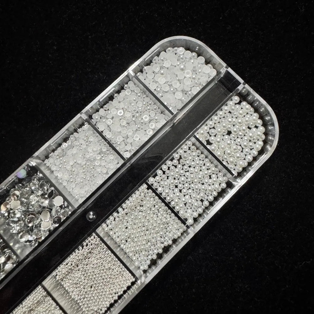 12-Grid Nail Rhinestone Kit – 3D Crystal Gems & Caviar Beads Nail Art Kit PRIMED