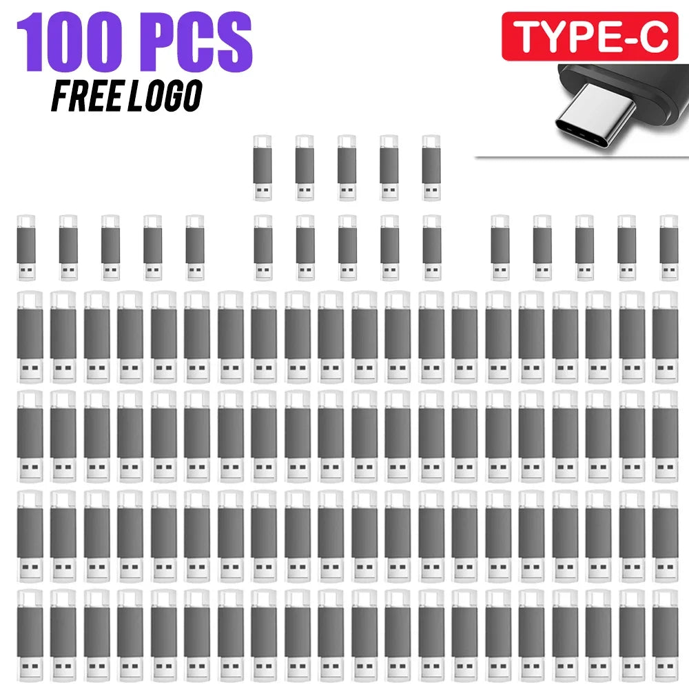 100-Pack Custom Logo USB-C Flash Drives 32/64/128GB Bulk USB Flash Drive PRIMED