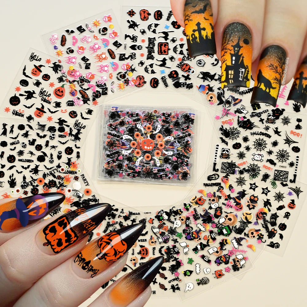 24pcs 3D Halloween Nail Stickers – Pumpkin Ghost Skull Decals Nail Art Stickers PRIMED 24pcs