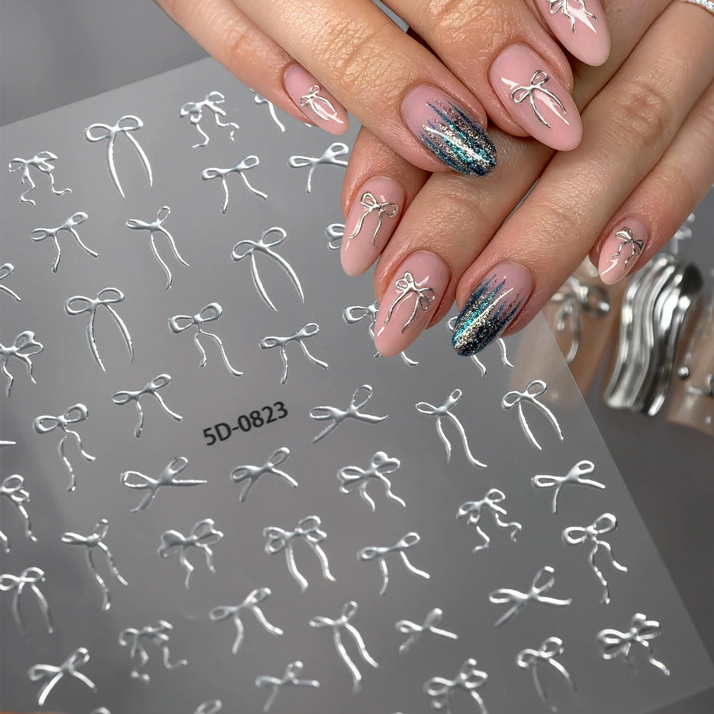 Silver Foil 3D Bow Nail Art Stickers – Ribbon Butterfly Decals