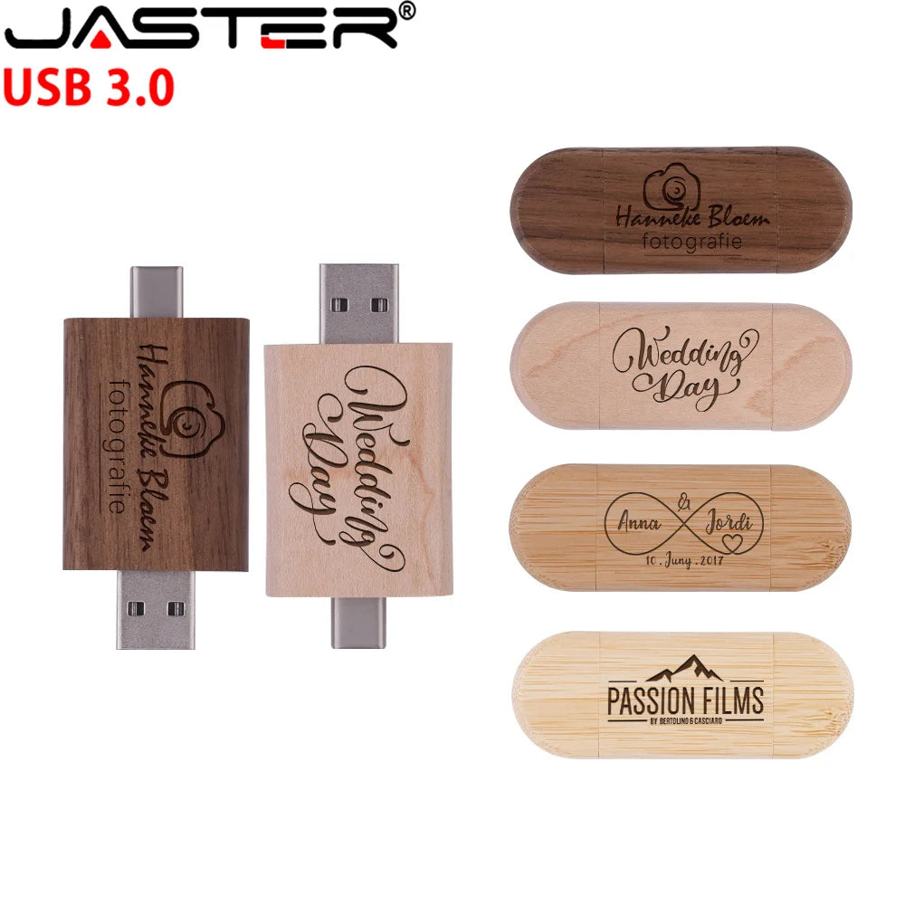 JASTER 10-Pack Wooden USB 3.0 Type-C Flash Drive Custom Logo Wooden USB Flash Drive PRIMED