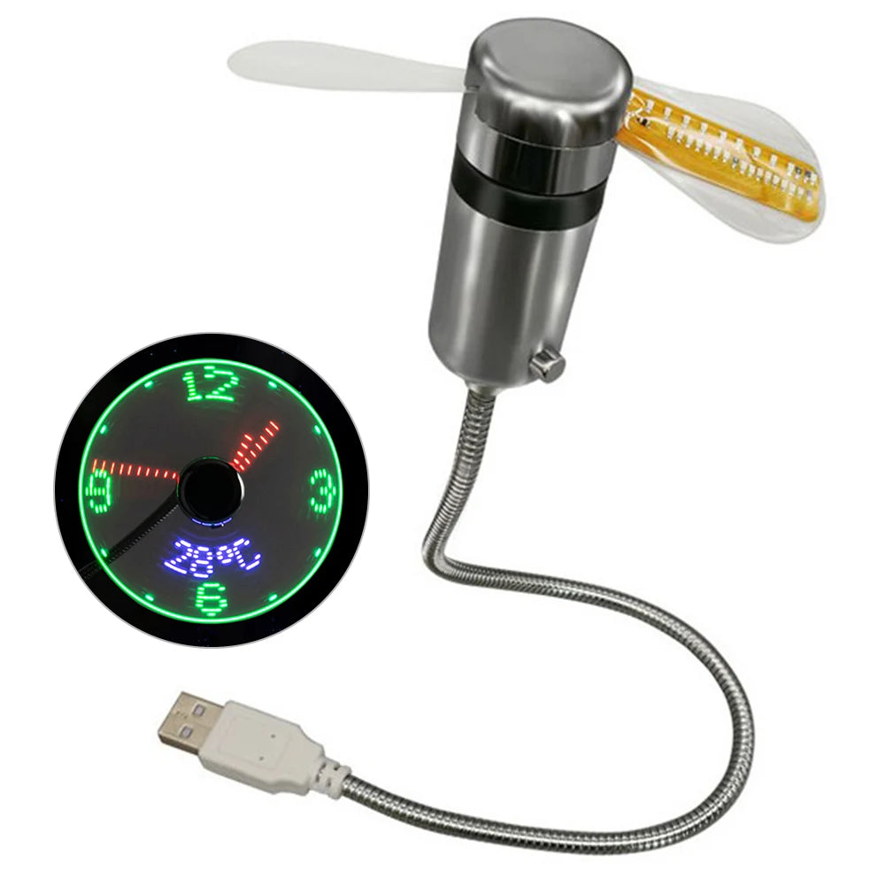 USB LED Clock Fan Gooseneck – Time & Temperature Display USB Desk Fan PRIMED