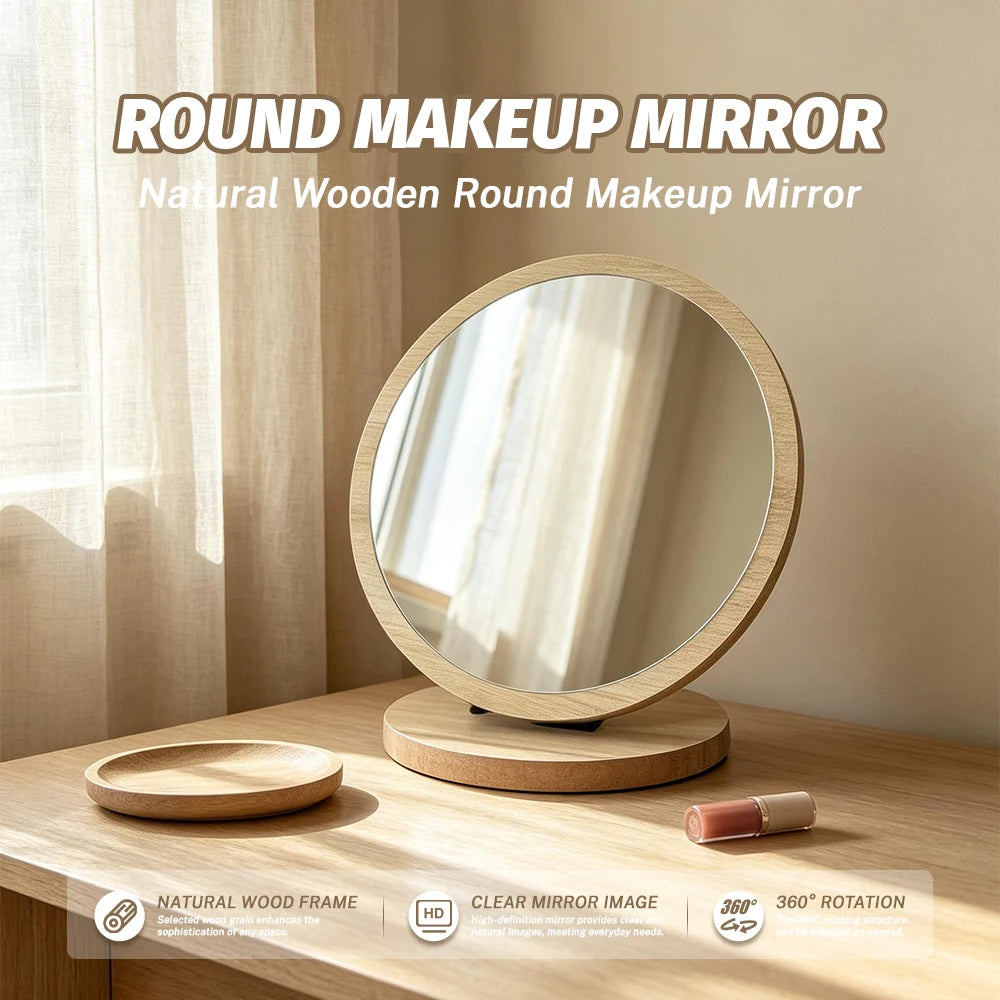 Wooden Vanity Makeup Mirror – 360° Rotating HD Cosmetic Mirror