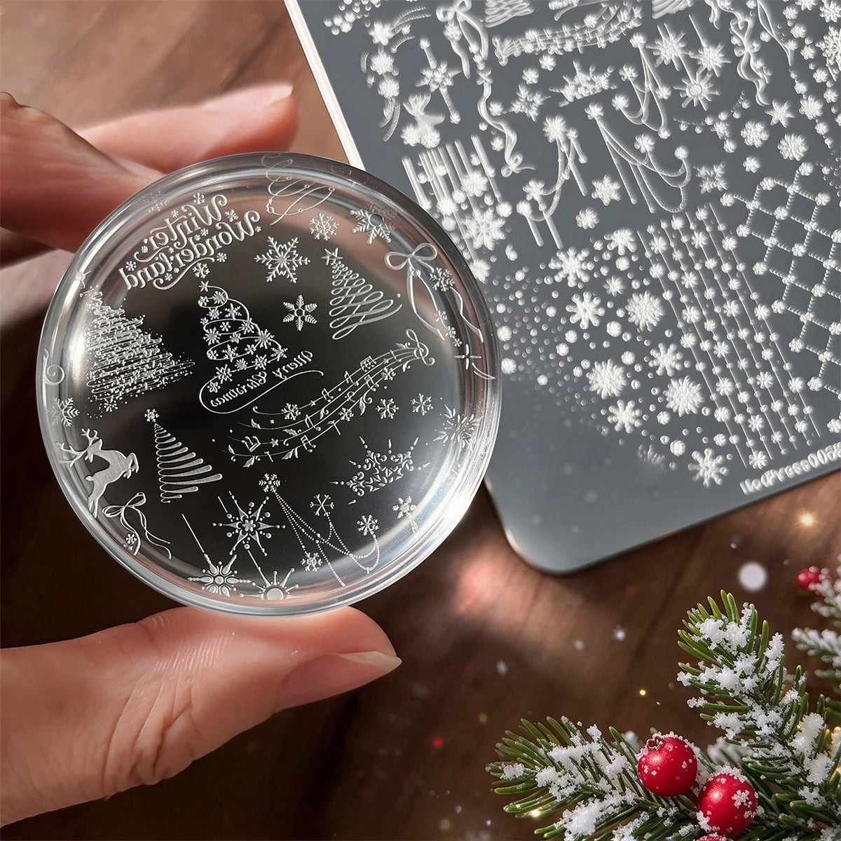 Christmas Nail Stamping Plate – Snowflake, Tree & Elk Art Nail Stamping Plate PRIMED