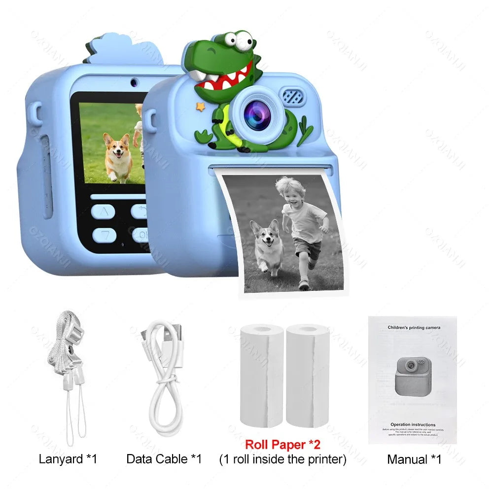 Kids Instant Print Camera 1080P HD Dual Lens 58mm Thermal Printer Kids Instant Camera PRIMED Dinosaur Blue