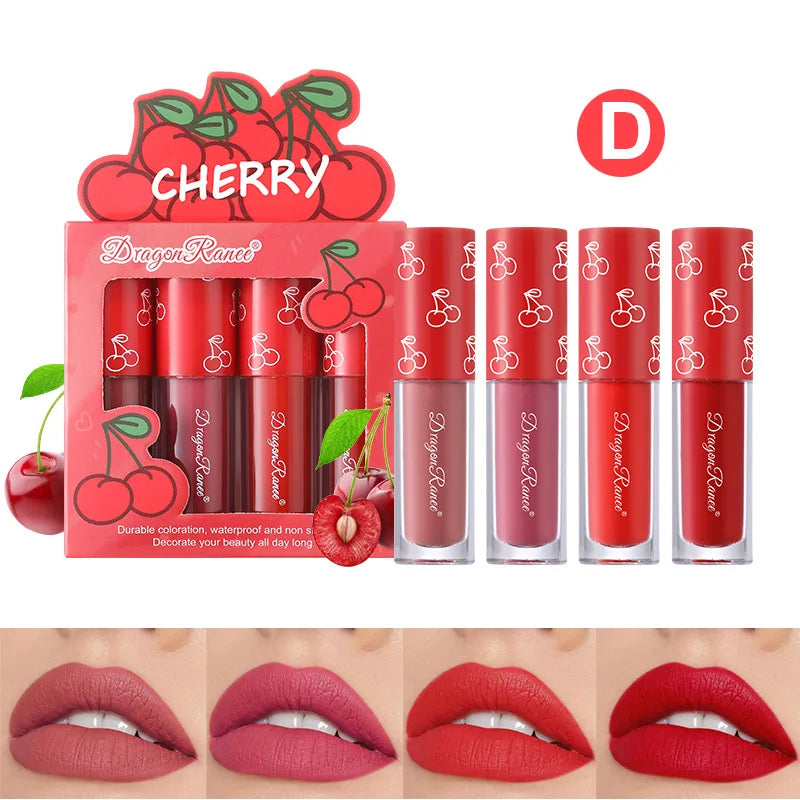 Dragon Ranee 4-Pc Velvet Matte Lip Gloss Set – Fruit Scented Matte Lip Gloss Set PRIMED D Full Size