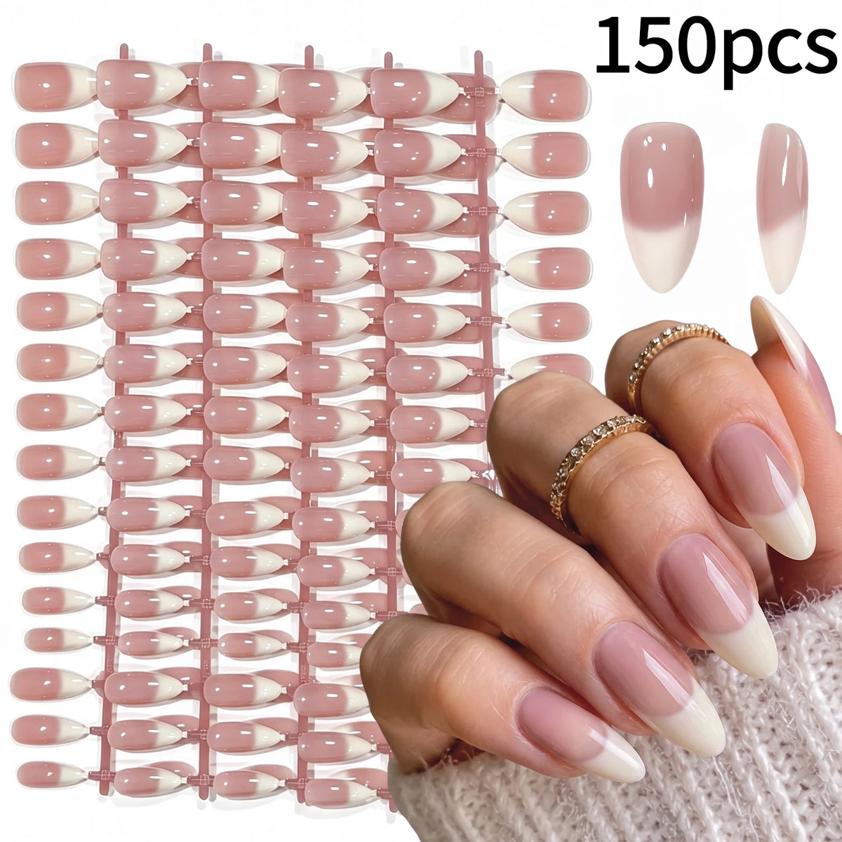150Pcs Gradient Pink Almond Press On Nails | French White Edge