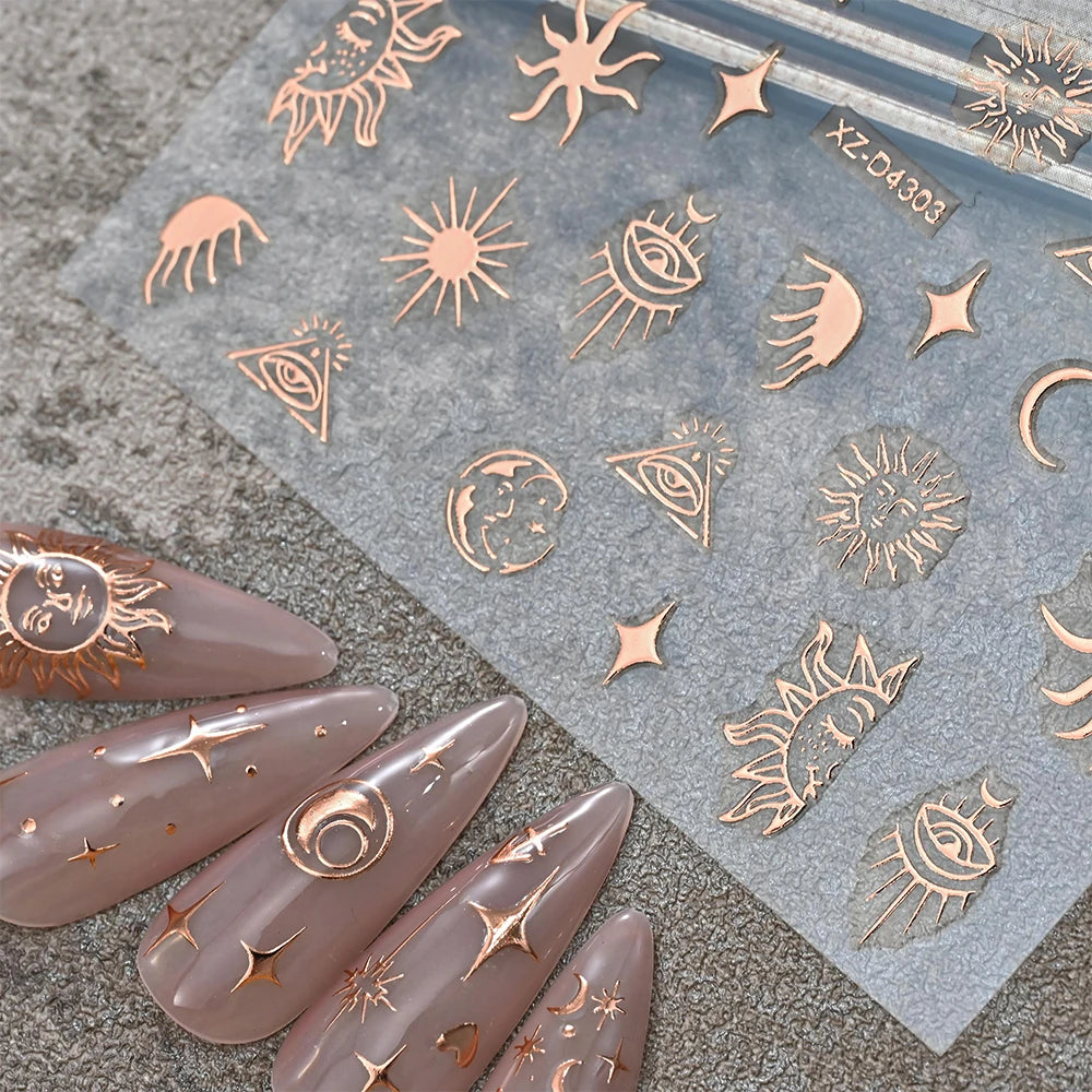 Rose Gold 3D Nail Stickers – Sun Moon Star Bohemian Art