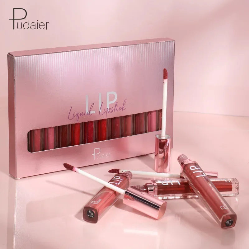 Pudaier 12-Color Matte Glitter Liquid Lip Gloss Set – Nude