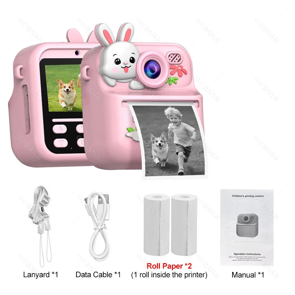 Kids Instant Print Camera 1080P HD Dual Lens 58mm Thermal Printer Kids Instant Camera PRIMED Rabbit Pink