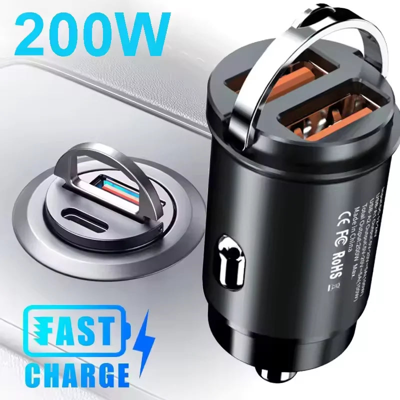 200W QC3.0 PD Mini Car Charger USB-C Fast Charging 12-24V Car Charger PRIMED