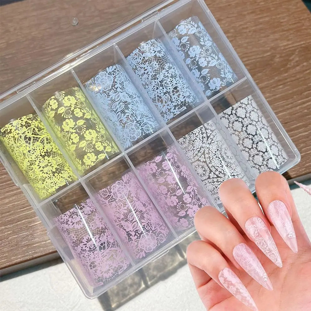 Lace Flower Nail Transfer Decals – Pink Blue White Foils