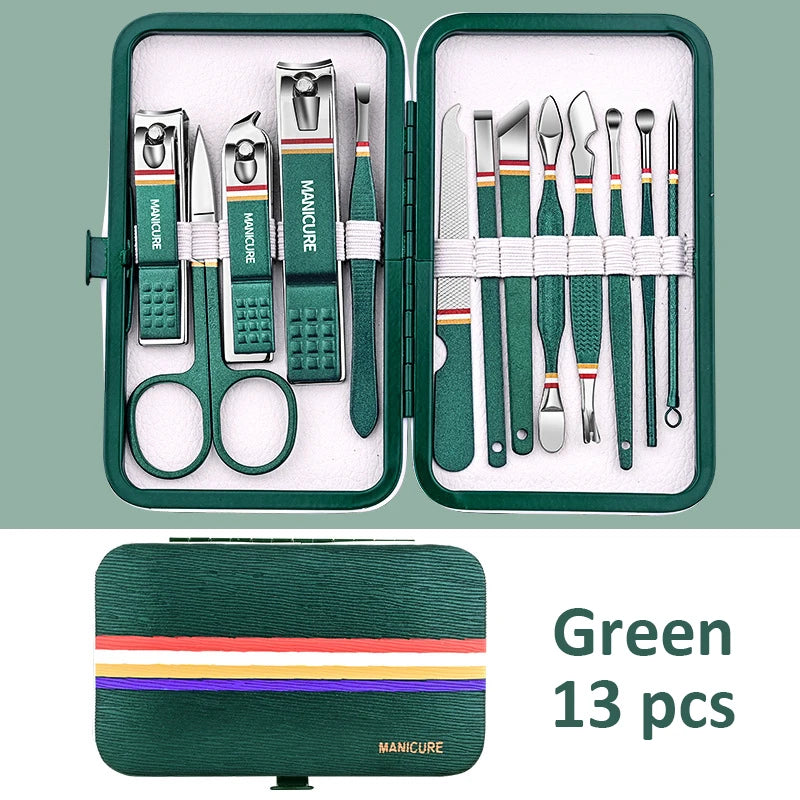 Stainless Steel Manicure Set 9–19 Pcs | Nail Clippers & Bag Manicure Tool Set PRIMED Green 13 pcs