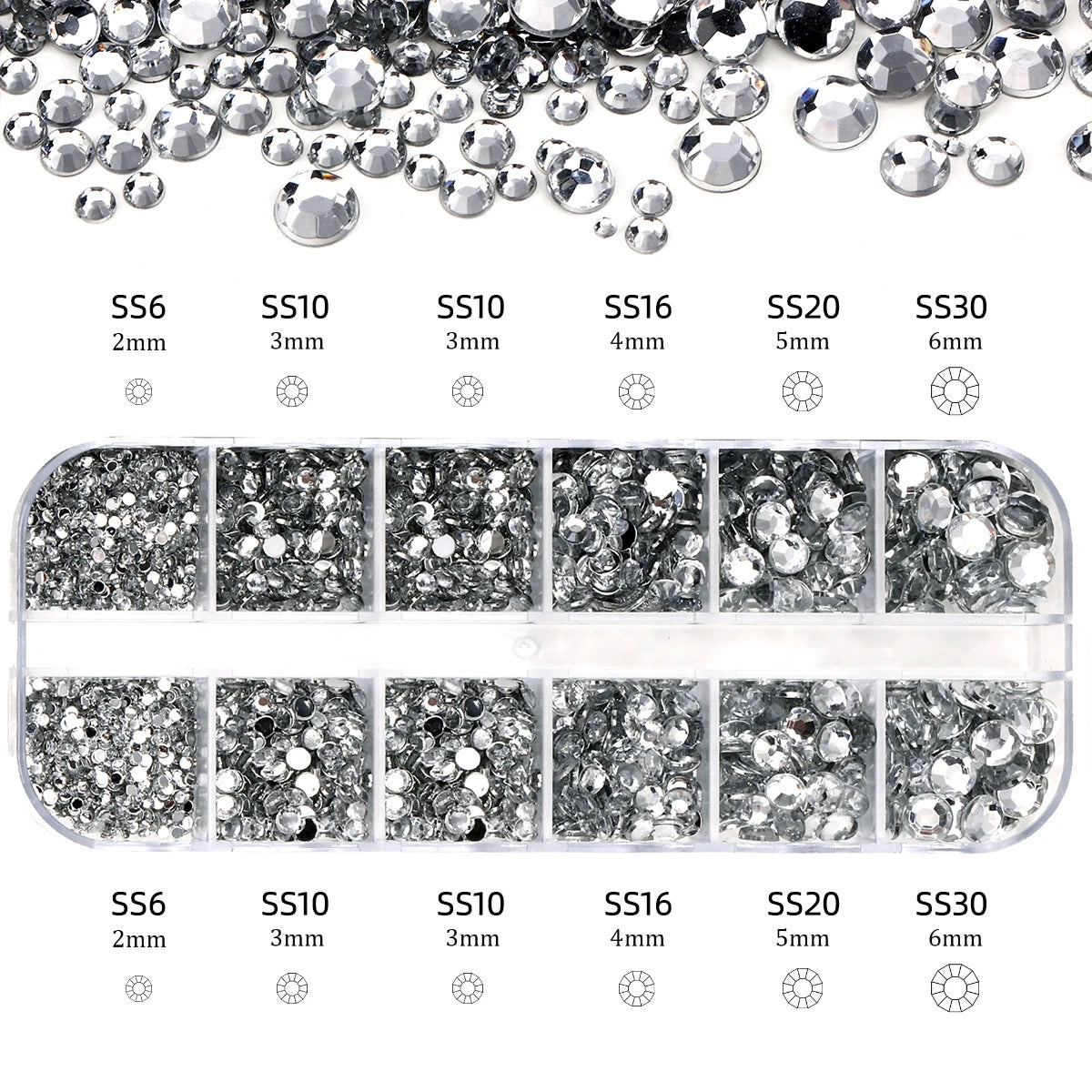 Mixed Size Flatback Glass Rhinestones 12-Grid Box SS6–SS30