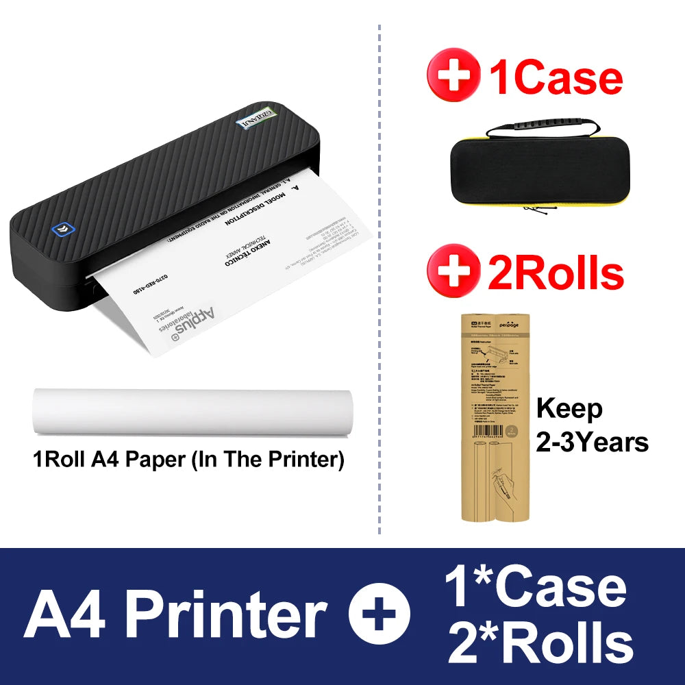 Portable A4 Bluetooth Thermal Printer | Inkless PDF & Doc Thermal Printer PRIMED BK add 1case 2rolls