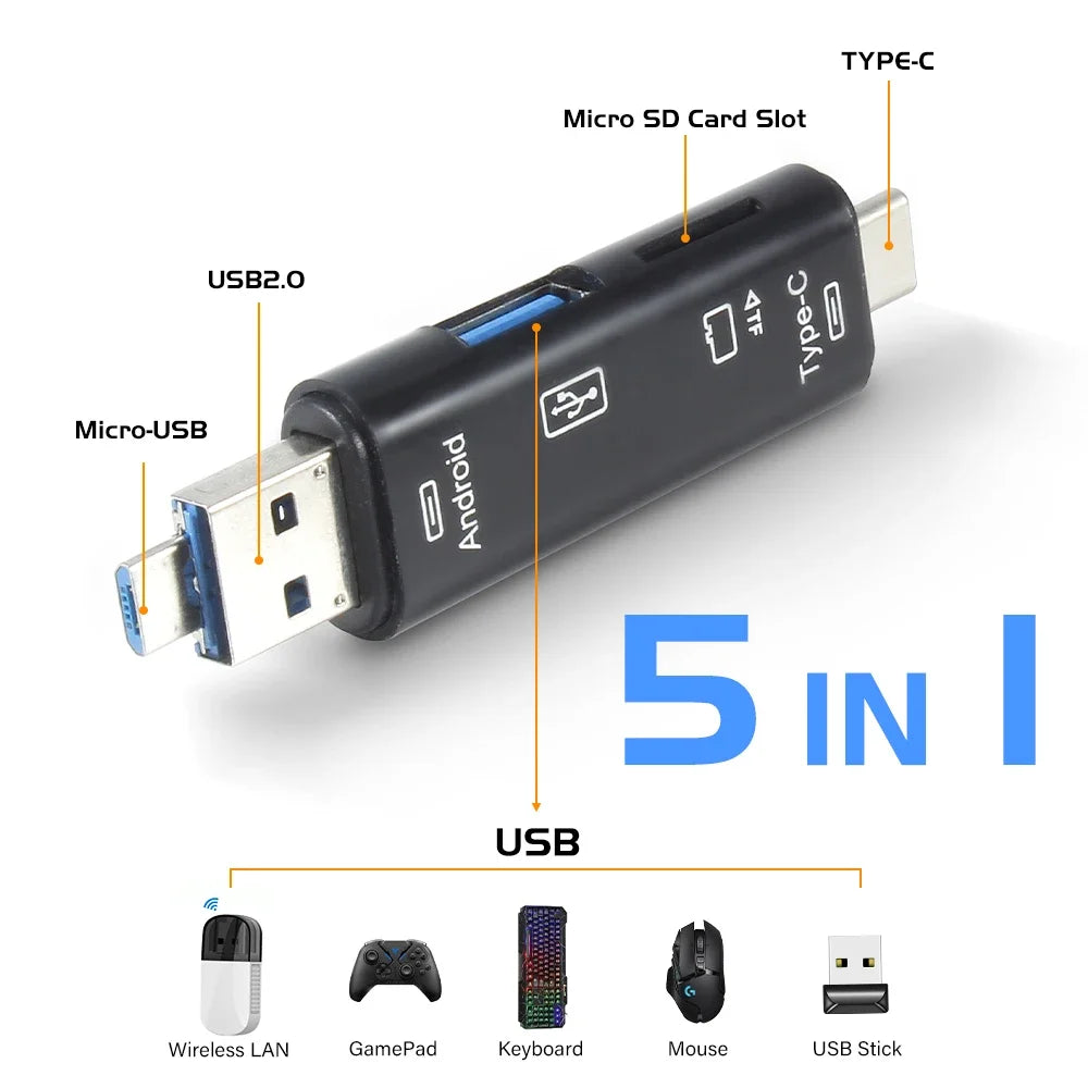 5-in-1 USB-C Micro USB SD & TF Memory Card Reader Adapter Memory Card Reader PRIMED