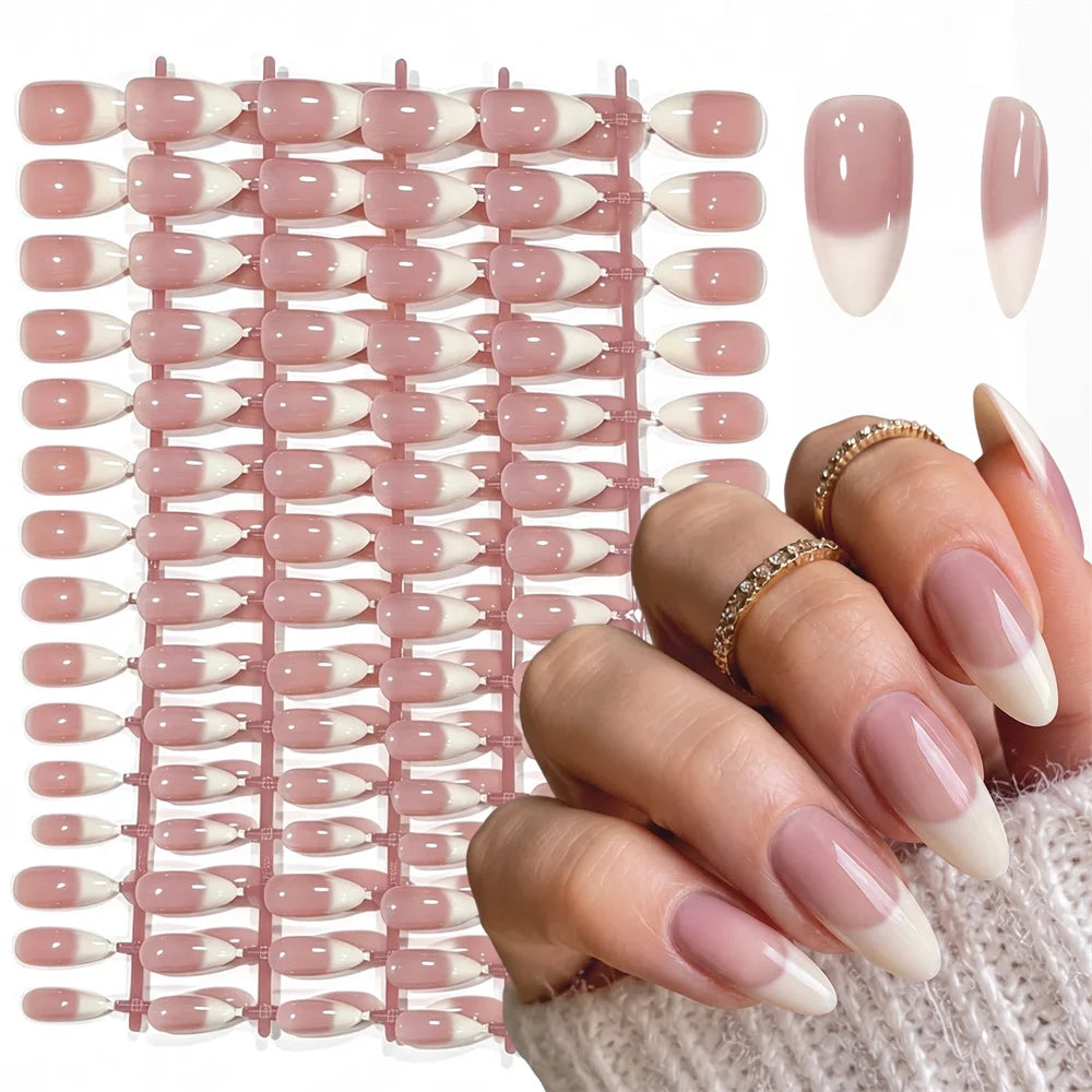 150Pcs Almond Press On Nails – Nude Pink French Ombre