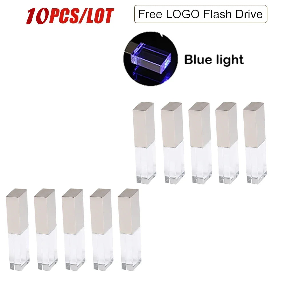 10-Pack Crystal USB Flash Drive 128GB | LED, Free Logo Engraving USB Flash Drive PRIMED Silver 4GB